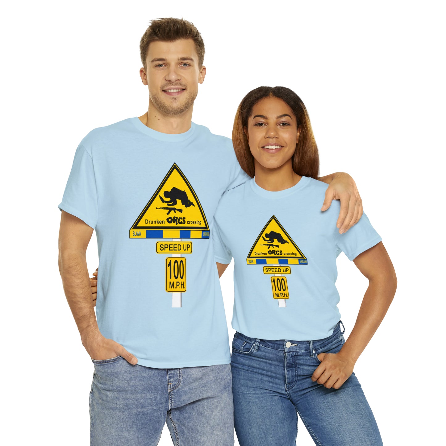 DRU**** ORCS CROSSING ROAD SIGN 100 MPH - Unisex Heavy Cotton Tee - USA