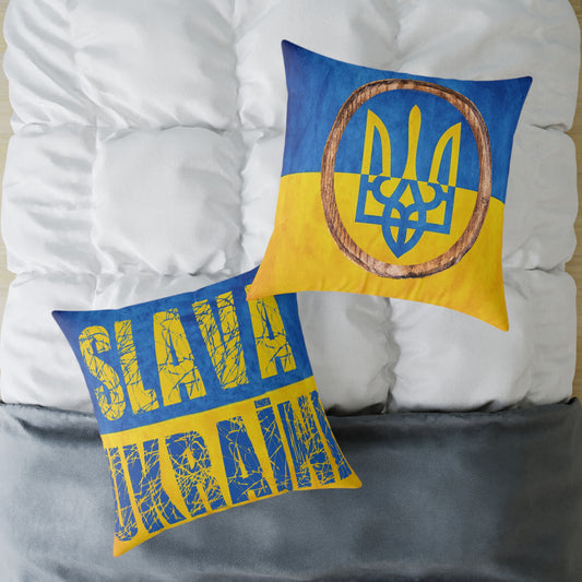 SLAVA UKRAINI & TRIDENT FLAG - Spun Polyester Pillow