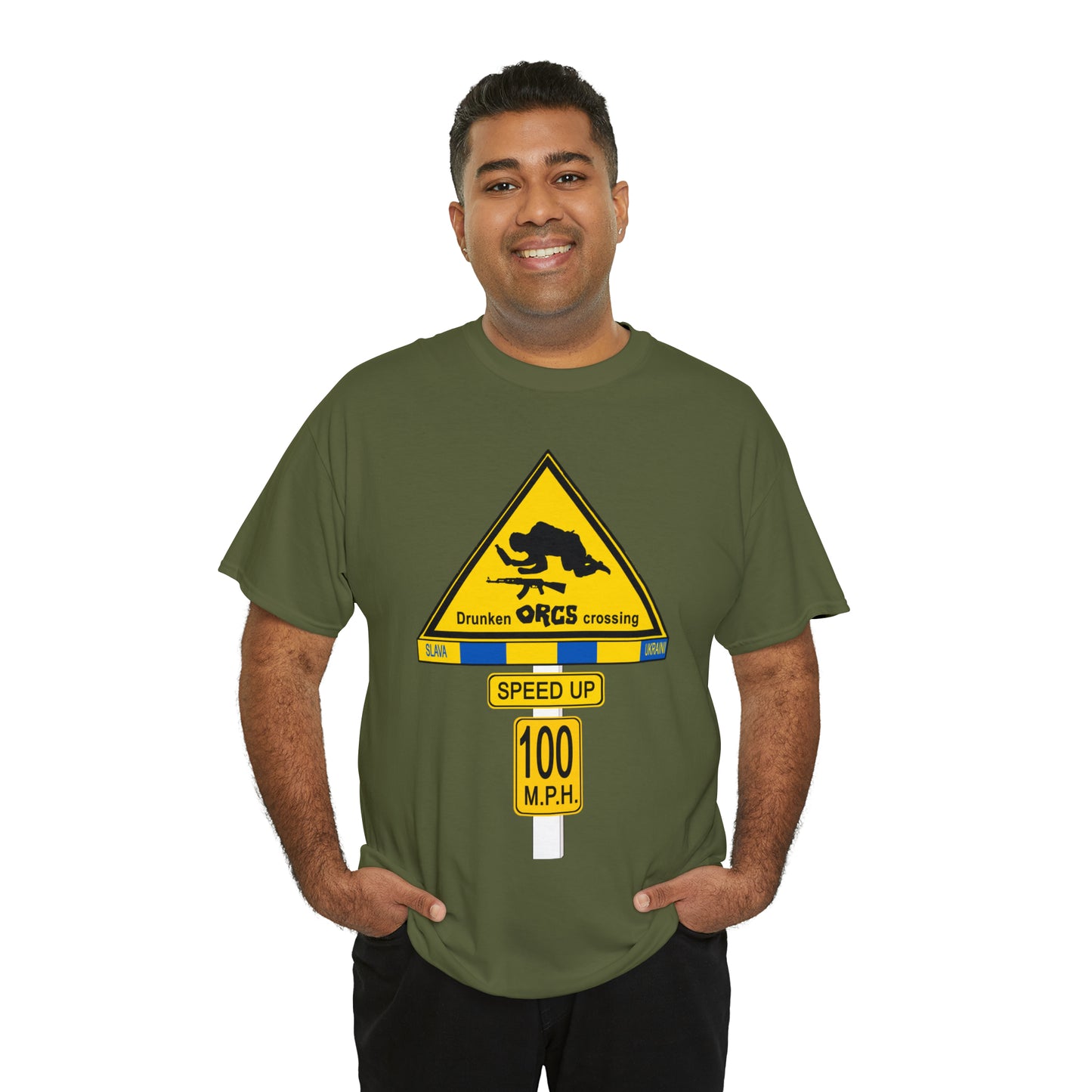 DRU**** ORCS CROSSING ROAD SIGN 100 MPH - Unisex Heavy Cotton Tee - USA