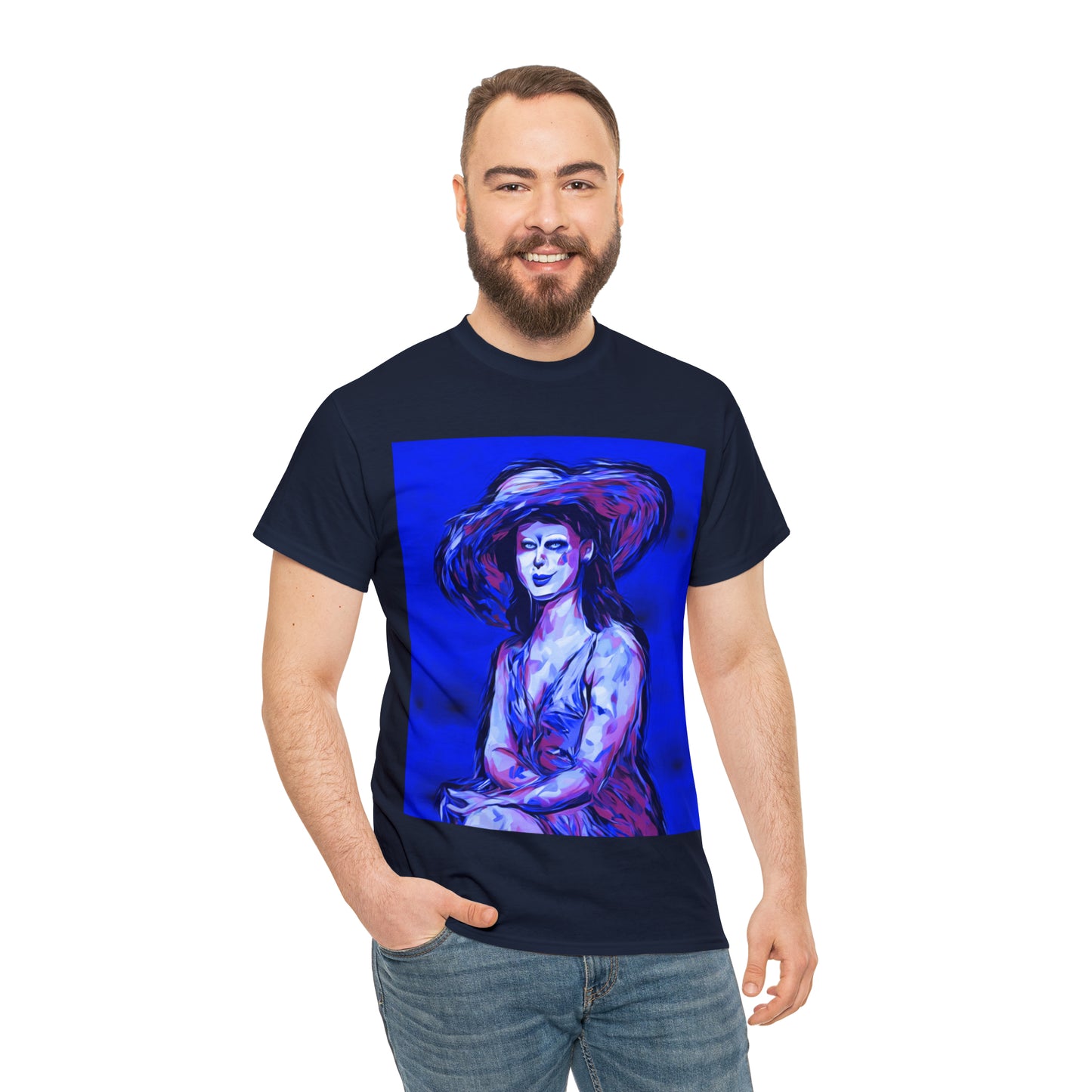 LADY IN SUN HAT (Blue) - Airt on a Shirt  - Unisex Heavy Cotton Tee - AUS