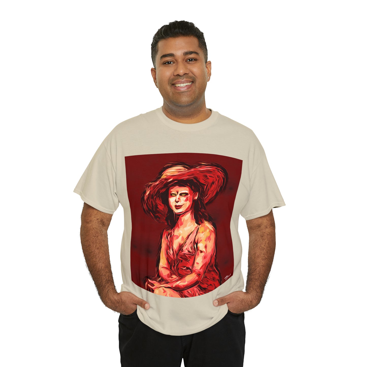 LADY IN SUN HAT (Red) - Airt on a Shirt  - Unisex Heavy Cotton Tee - AUS