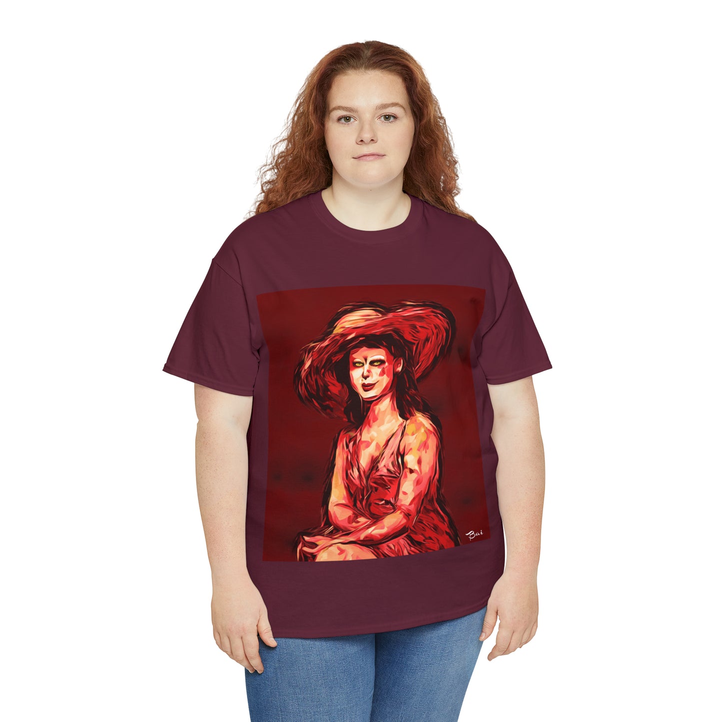 LADY IN SUN HAT (Red) - Airt on a Shirt  - Unisex Heavy Cotton Tee - AUS