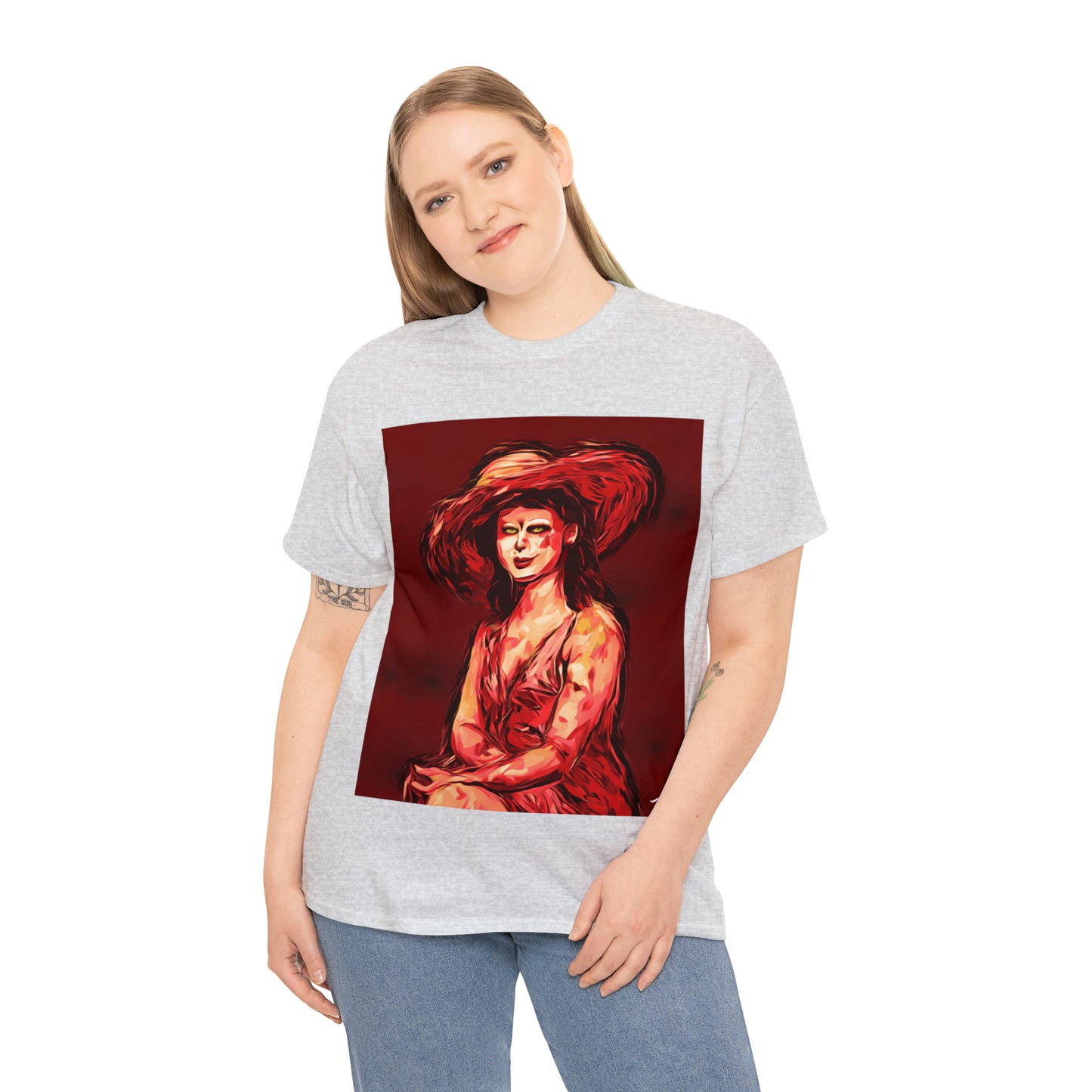 LADY IN SUN HAT (Red) - Airt on a Shirt  - Unisex Heavy Cotton Tee - AUS