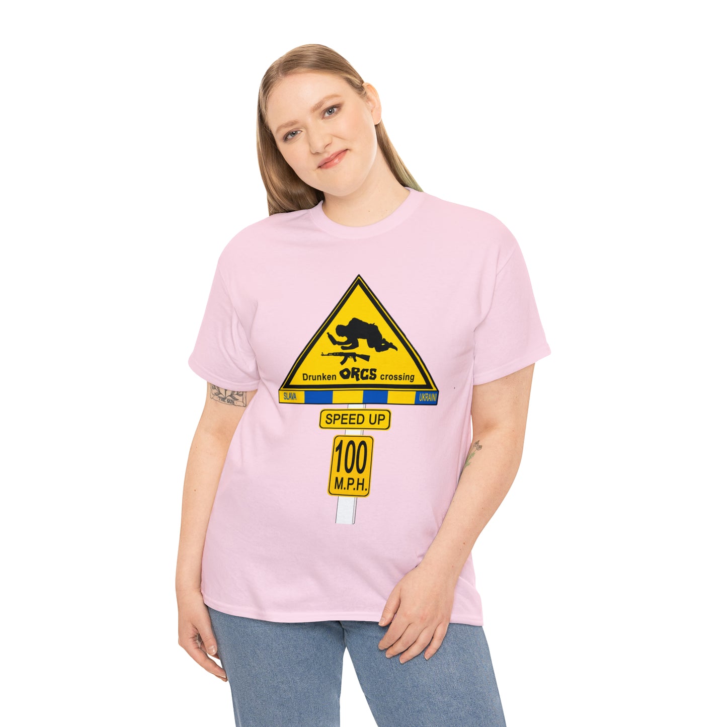 DRU**** ORCS CROSSING ROAD SIGN 100 MPH - Unisex Heavy Cotton Tee - USA