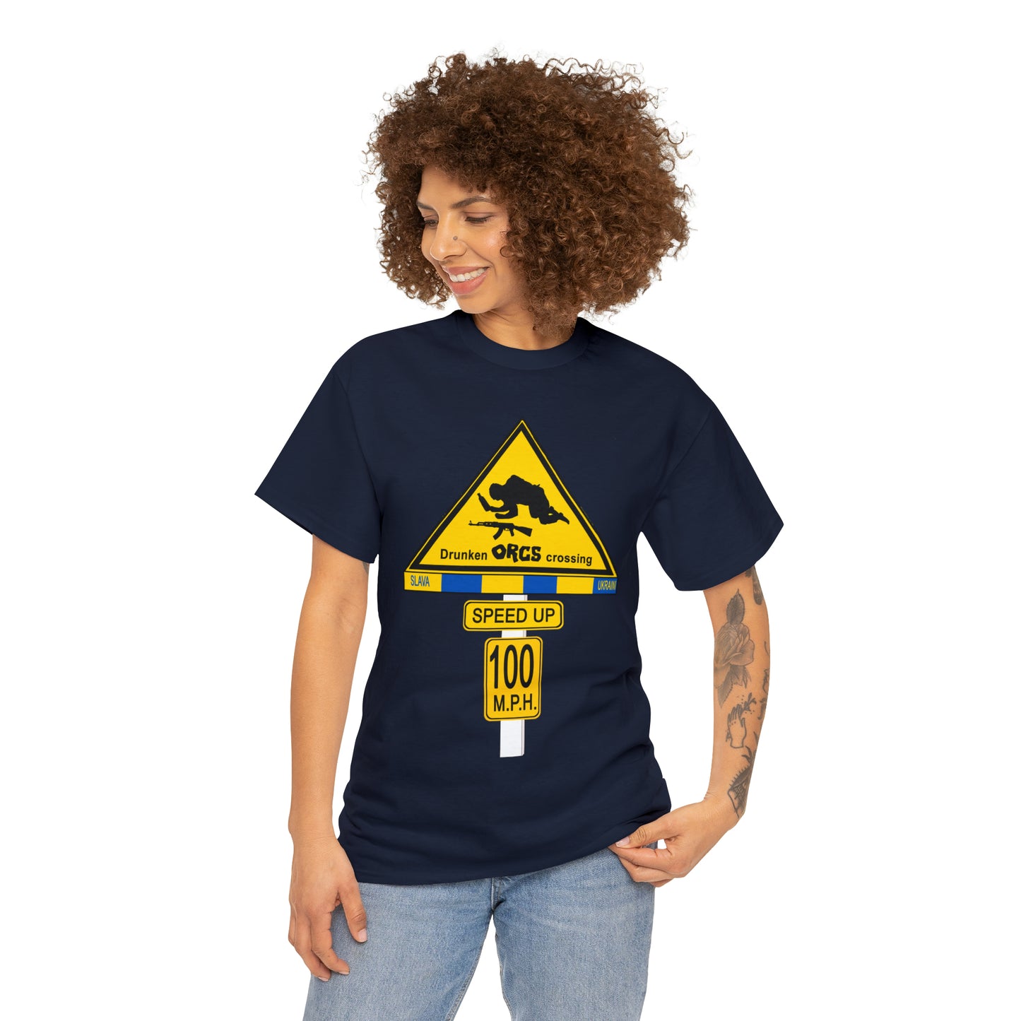 DRU**** ORCS CROSSING ROAD SIGN 100 MPH - Unisex Heavy Cotton Tee - USA