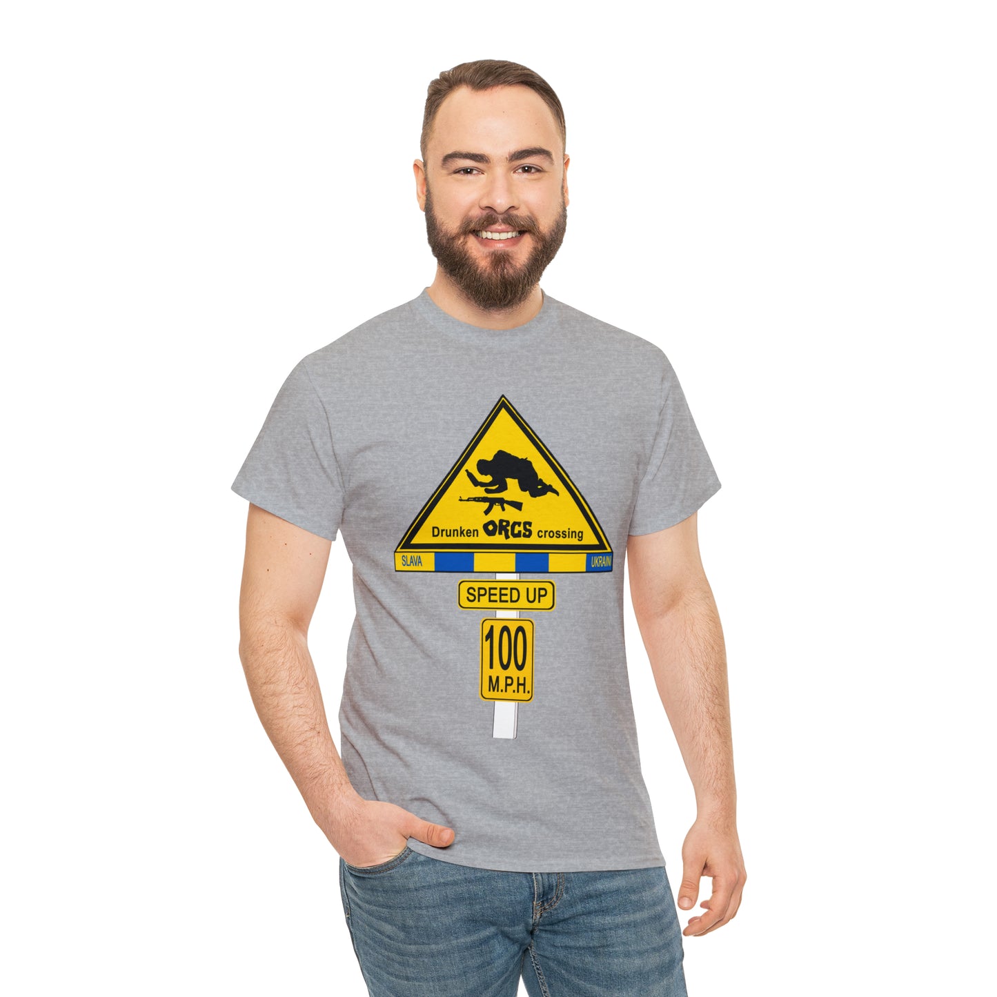 DRU**** ORCS CROSSING ROAD SIGN 100 MPH - Unisex Heavy Cotton Tee - USA