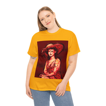 LADY IN SUN HAT (Red) - Airt on a Shirt  - Unisex Heavy Cotton Tee - AUS