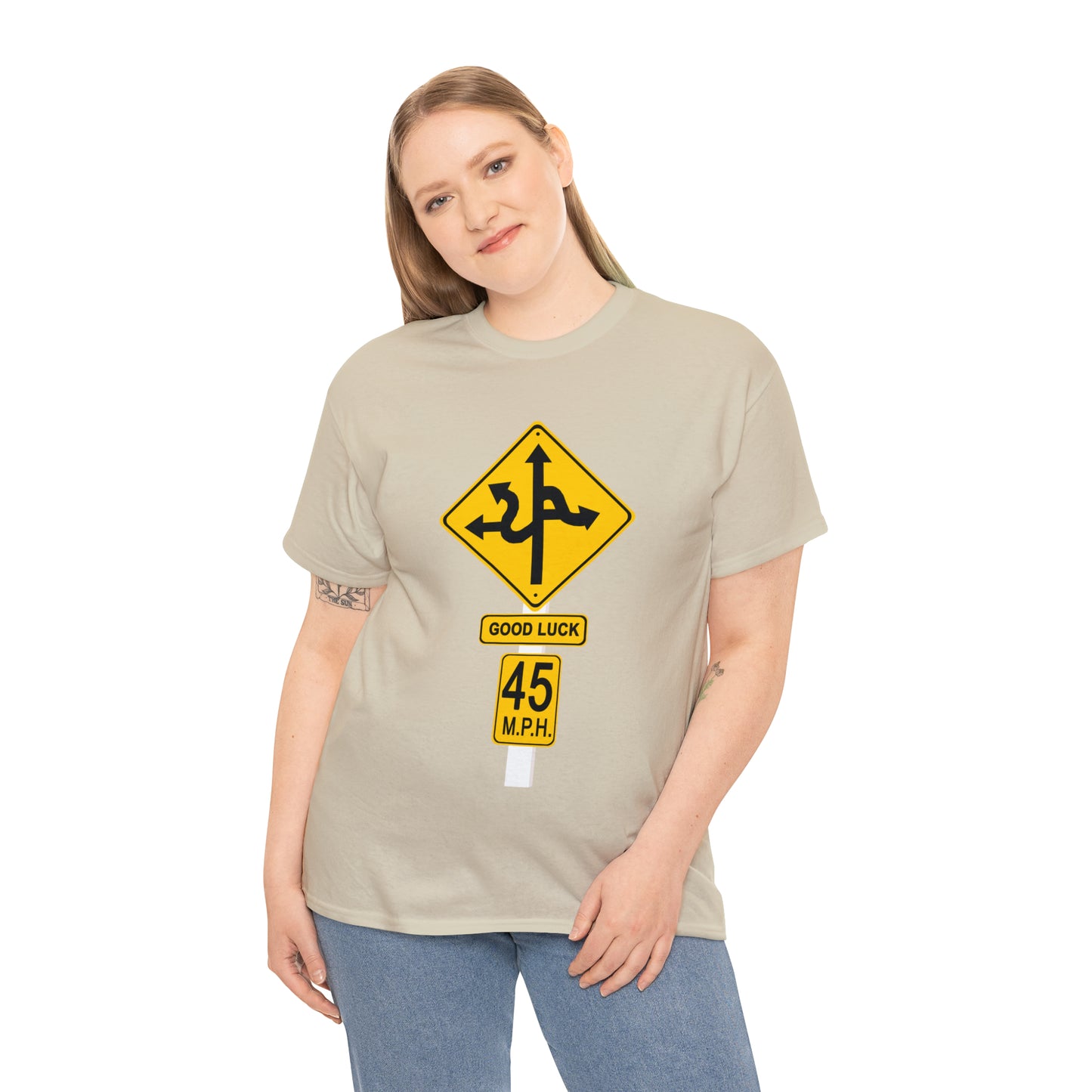 CRAZY FUNNY GOOD LUCK ROAD SIGN 45 MPH - Unisex Heavy Cotton Tee - USA